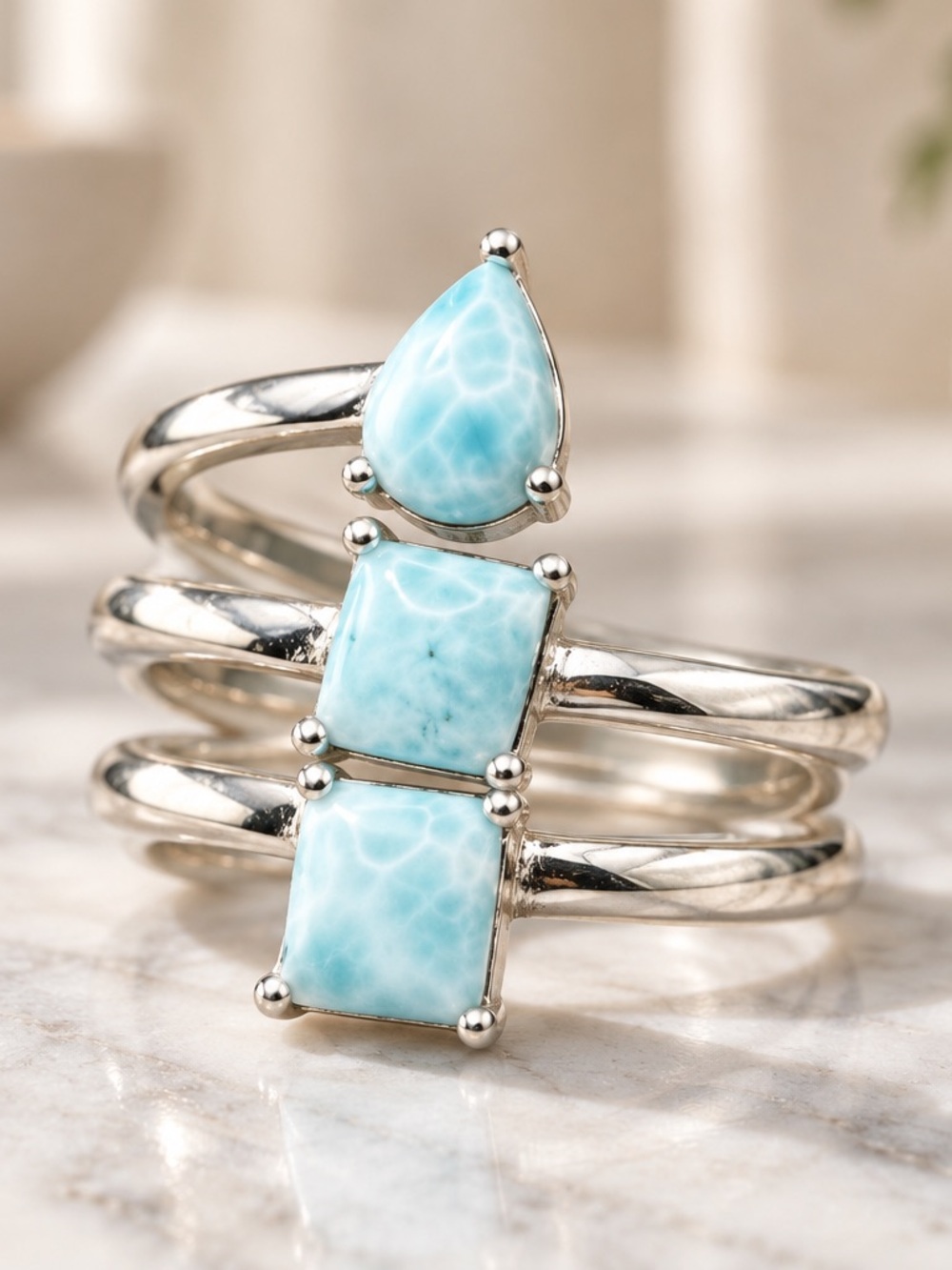 Sterling Silver Larimar Turquoise Triple Stone Ring